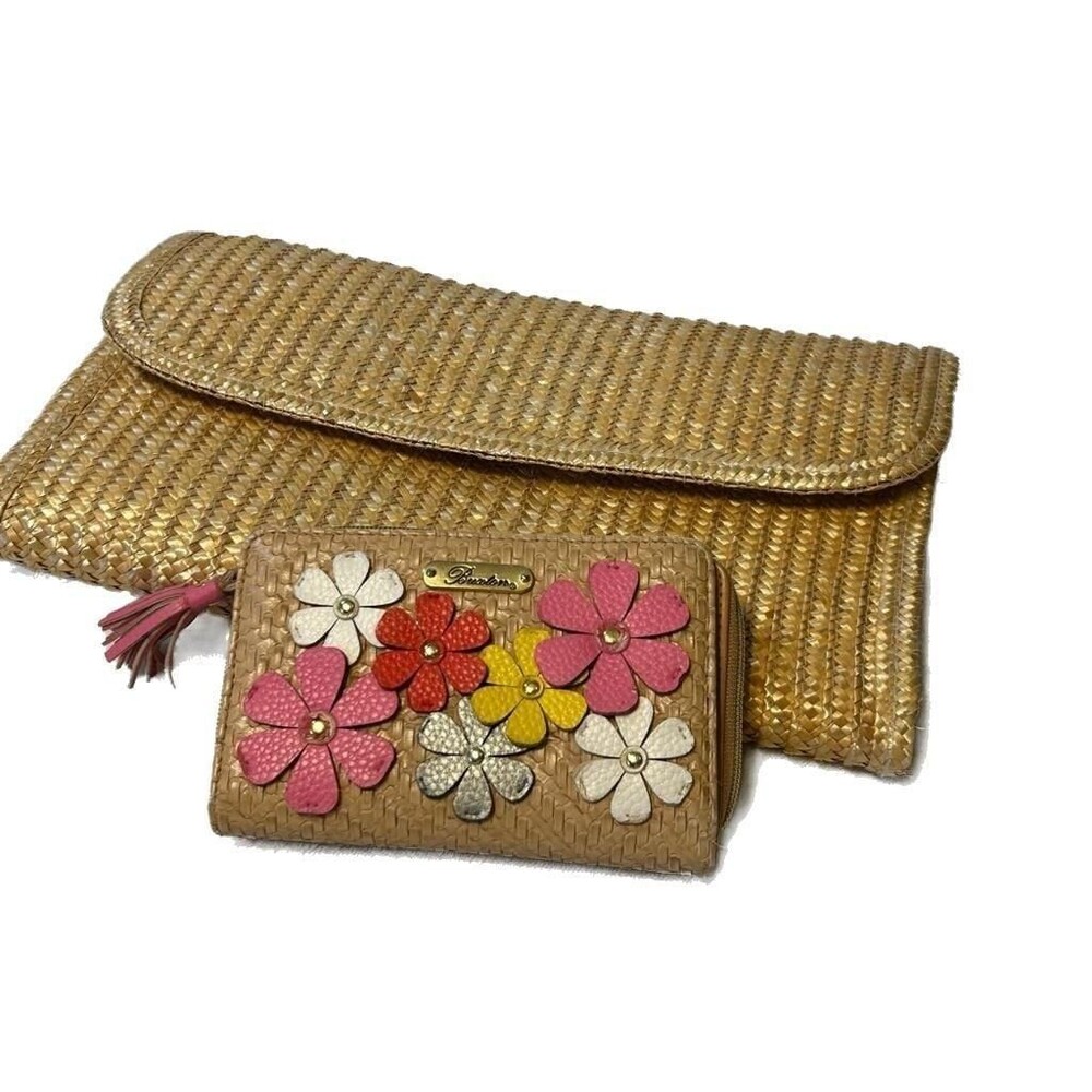 Vintage Woven Straw Clutch and Buxton Floral Wallet Set, Summer bag